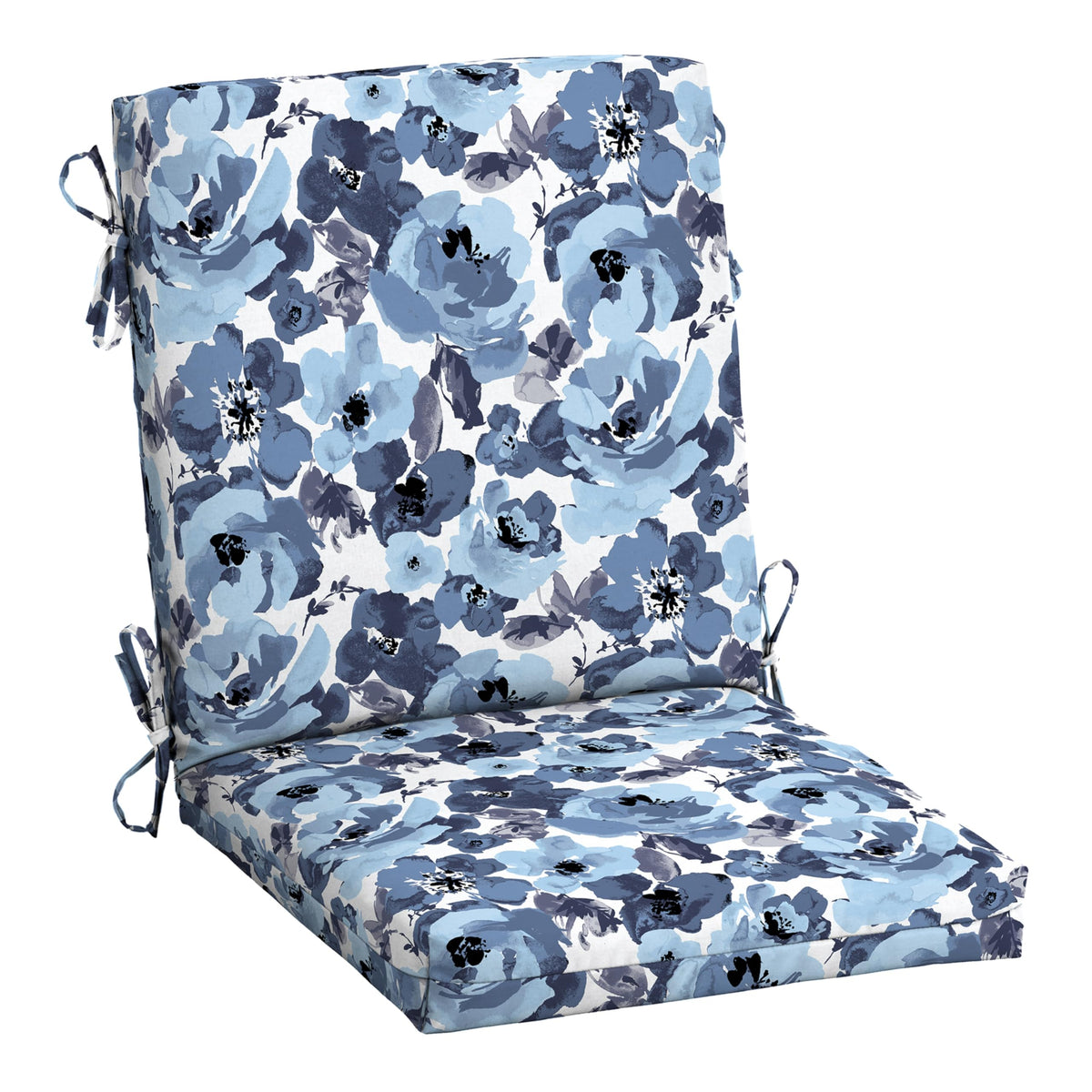 Arden Selections blue garden floral midback chair cushion on chair for outdoor dining comfort