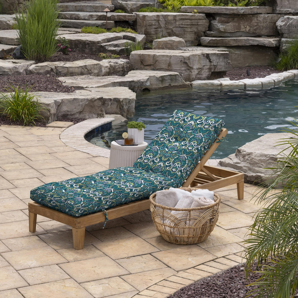 Tufted upholstery detail on Arden Selections outdoor chaise cushion.