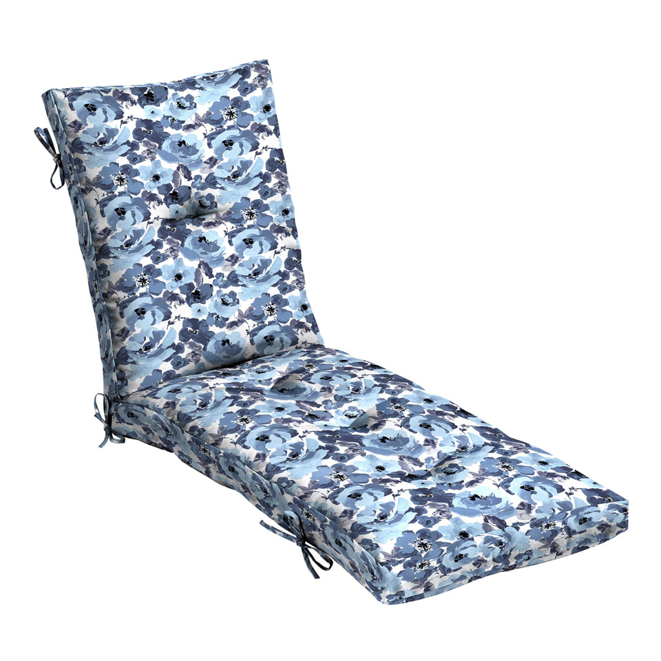 Arden Selections chaise cushion on a blue floral lounge for outdoor comfort.