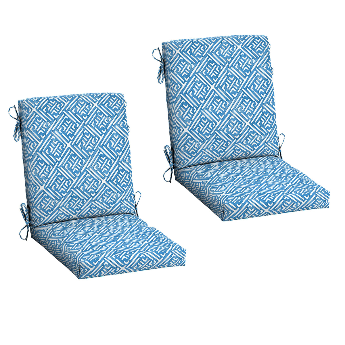 Arden Selections Amalfi Blue Tile cushion backrest on an outdoor dining chair for all-weather comfort.