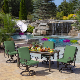 Arden Selections cushion installed on a standard dining chair for outdoor dining.