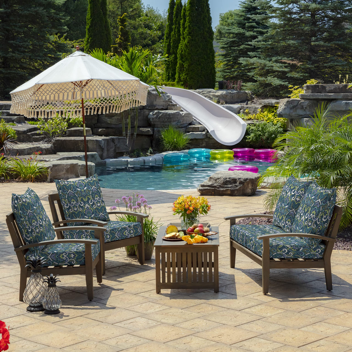 Arden Selections dual tie system keeps cushions secure outdoors