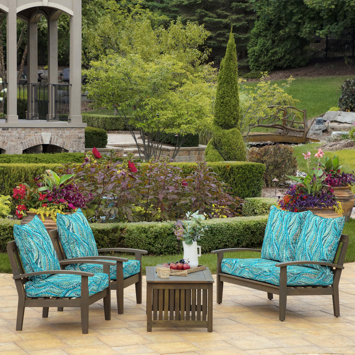 Arden Selections fabric close-up teal Ariel UV-treated finish resists fading.