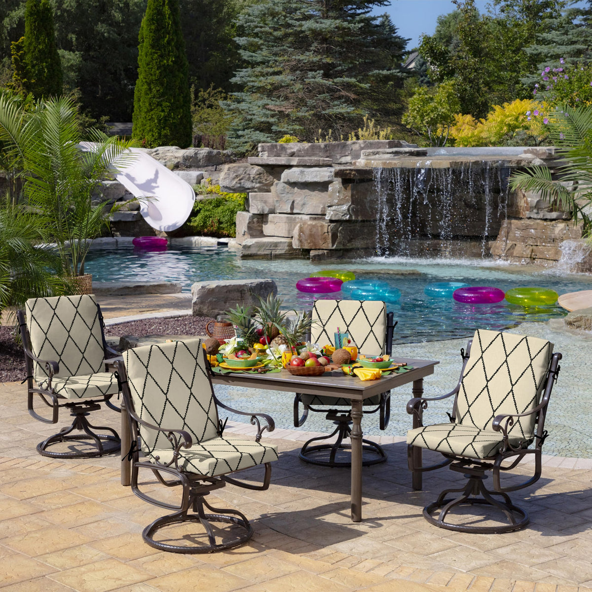 Four fabric ties shown securing Arden Selections cushions on a chair