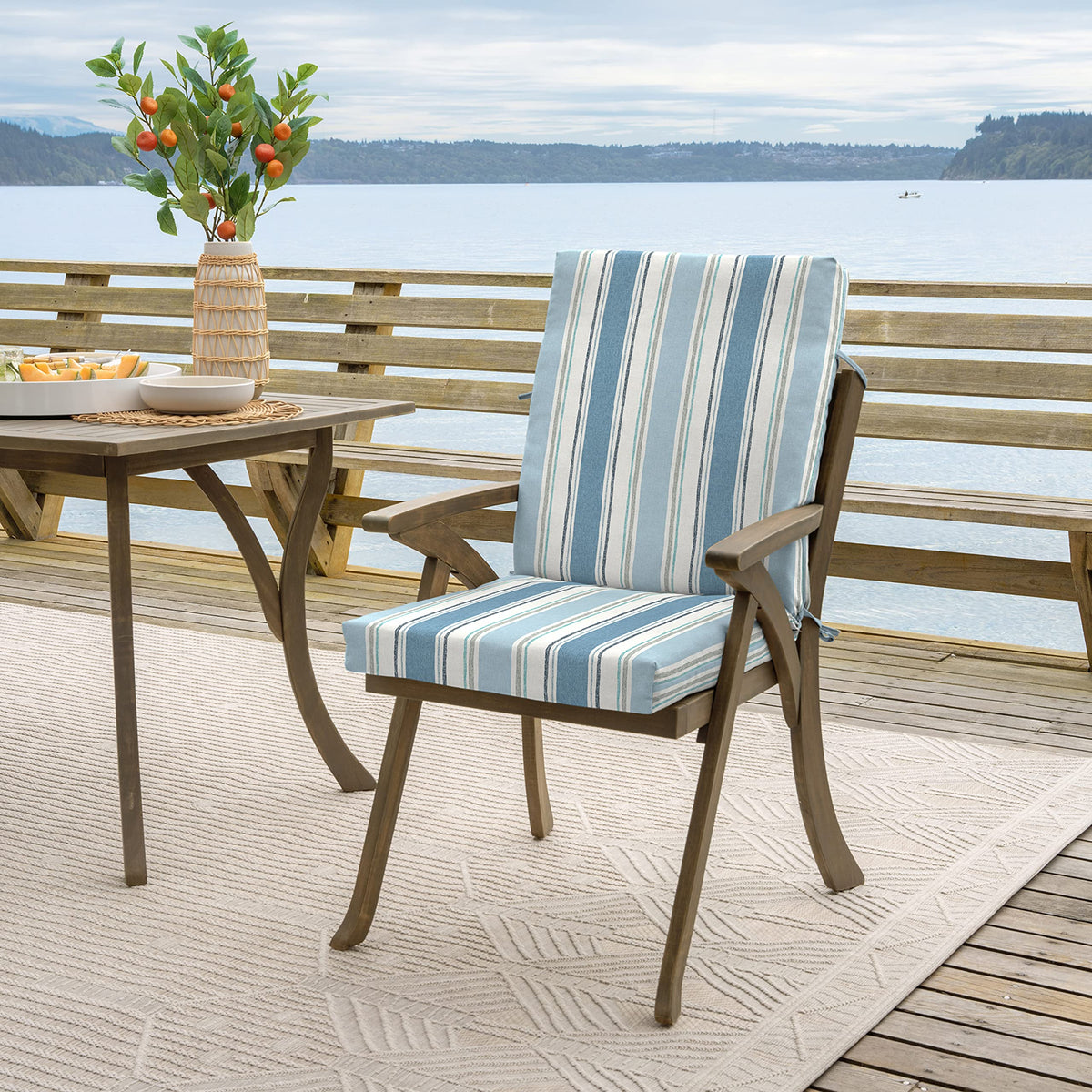 Arden Selections French blue linen stripe fabric close-up shows plush texture and styling.