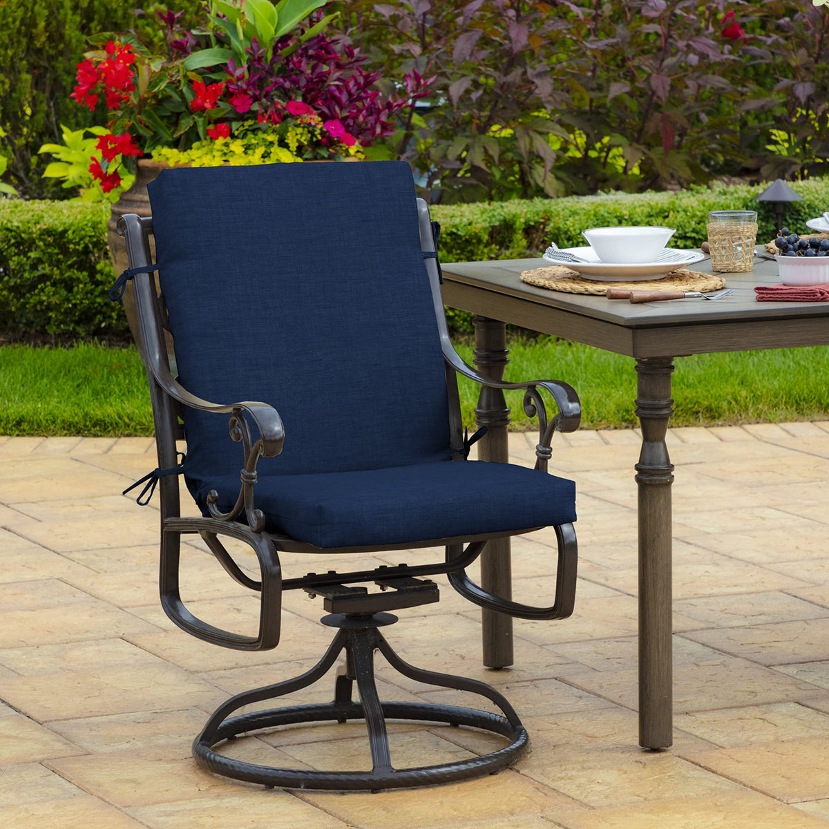 Arden Selections Leala sapphire blue chair cushion with secure four-tie attachment