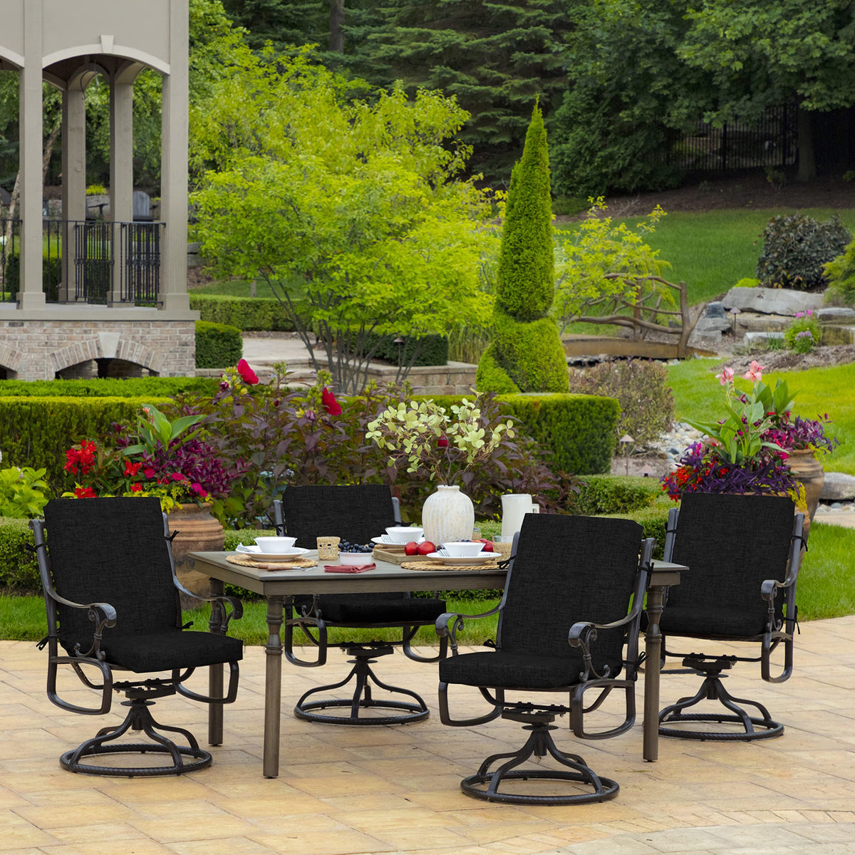 Arden Selections moisture-repellent finish protects cushions outdoors.