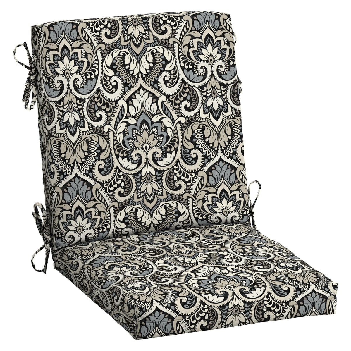 Arden Selections outdoor chair cushion in Black Aurora Damask fabric for patio comfort.