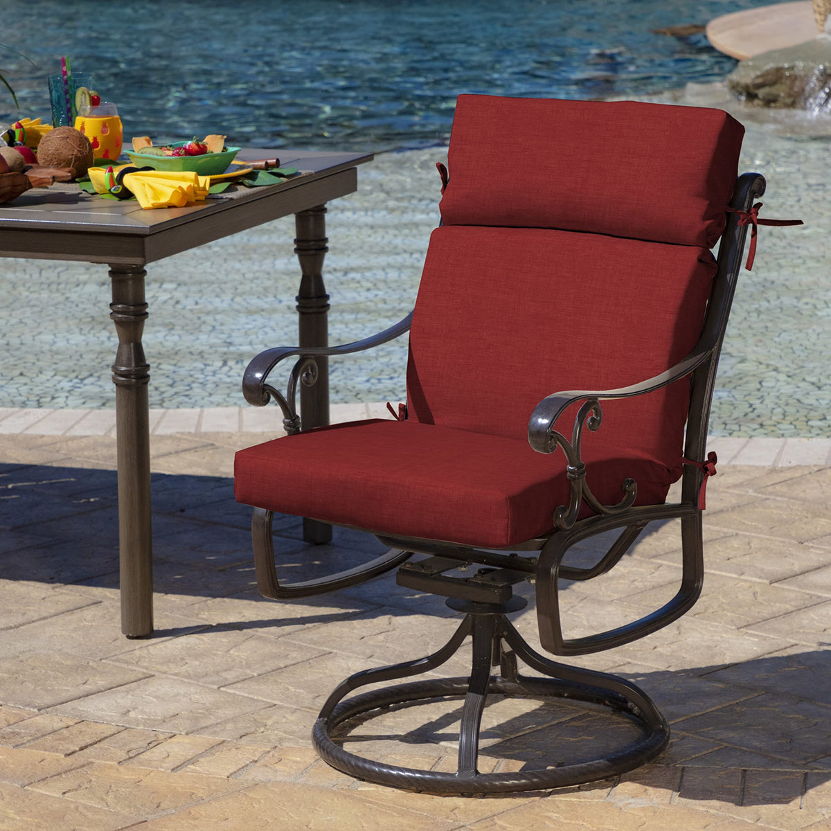 Arden Selections outdoor chair cushion secured by four ties on a chair.