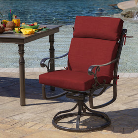 Arden Selections outdoor chair cushion secured by four ties on a chair.