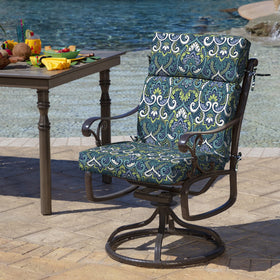 Arden Selections cushion close-up shows sapphire damask fabric with UV protection for lasting color.