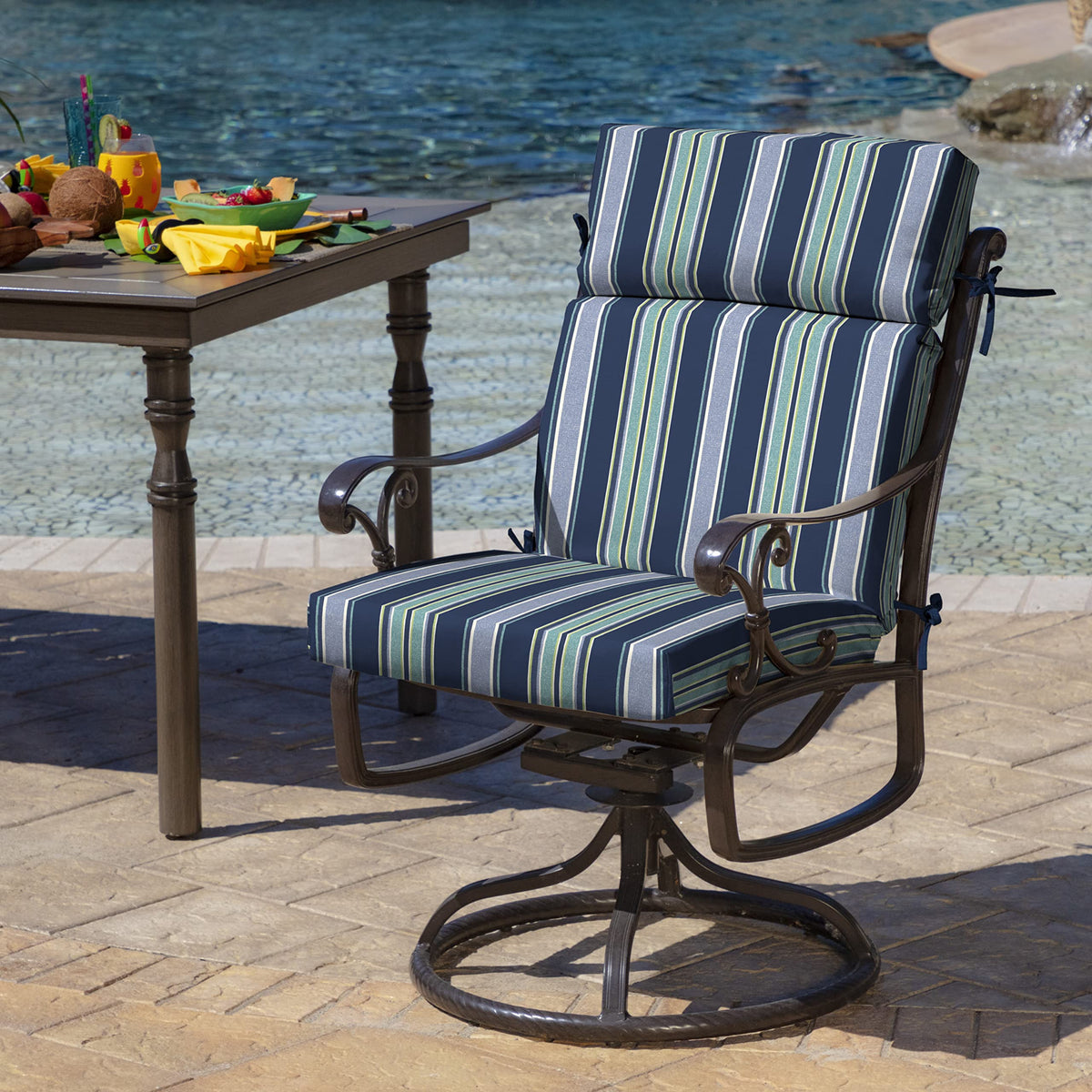 Arden Selections cushion with secure ties keeps it anchored to chairs.