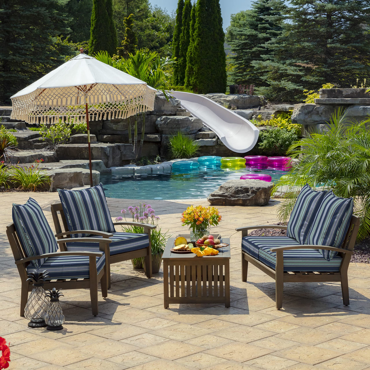 Arden Selections dual tie system on cushions helps them stay in place on windy patios.