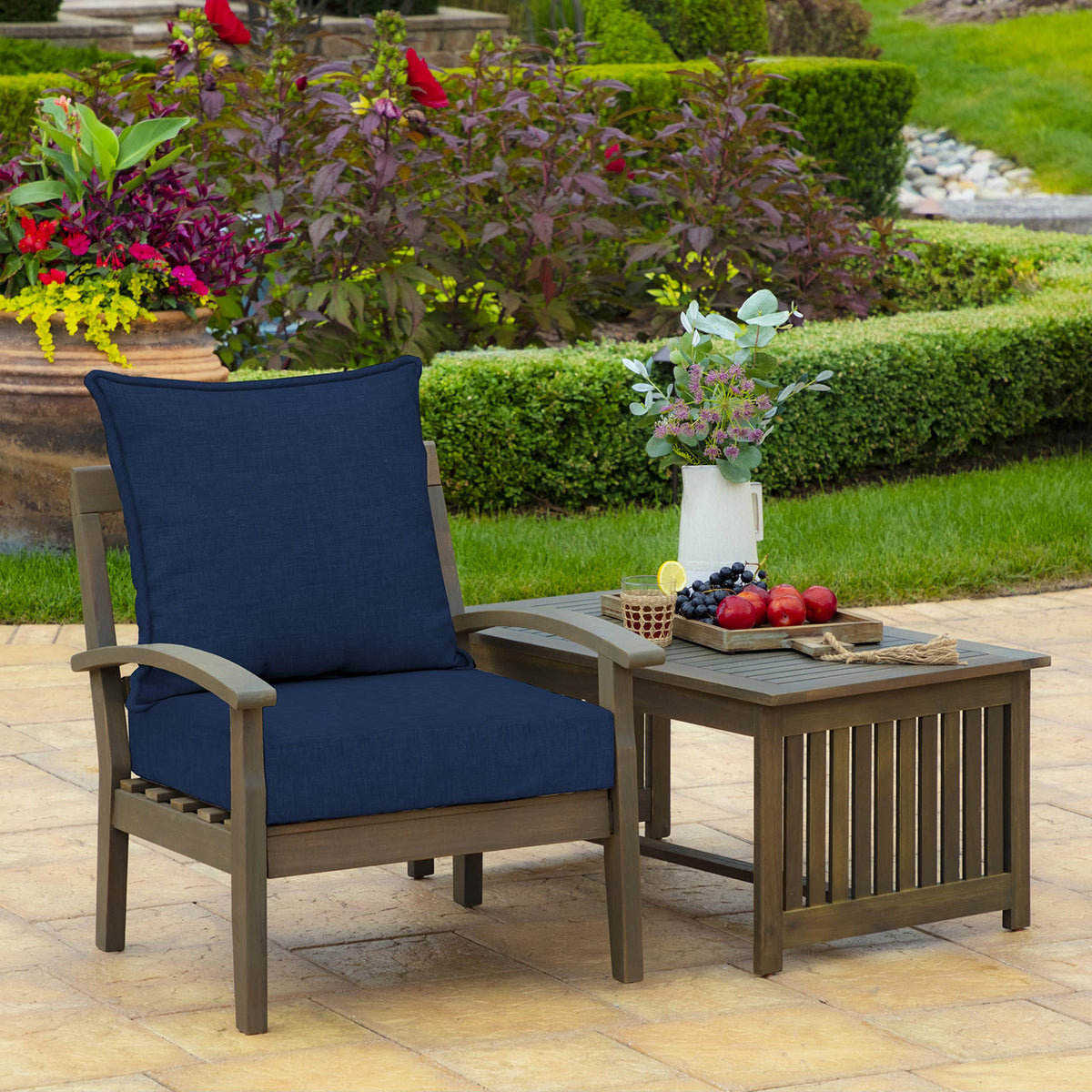 Arden Selections deep seat bottom cushion in sapphire adds durable support.