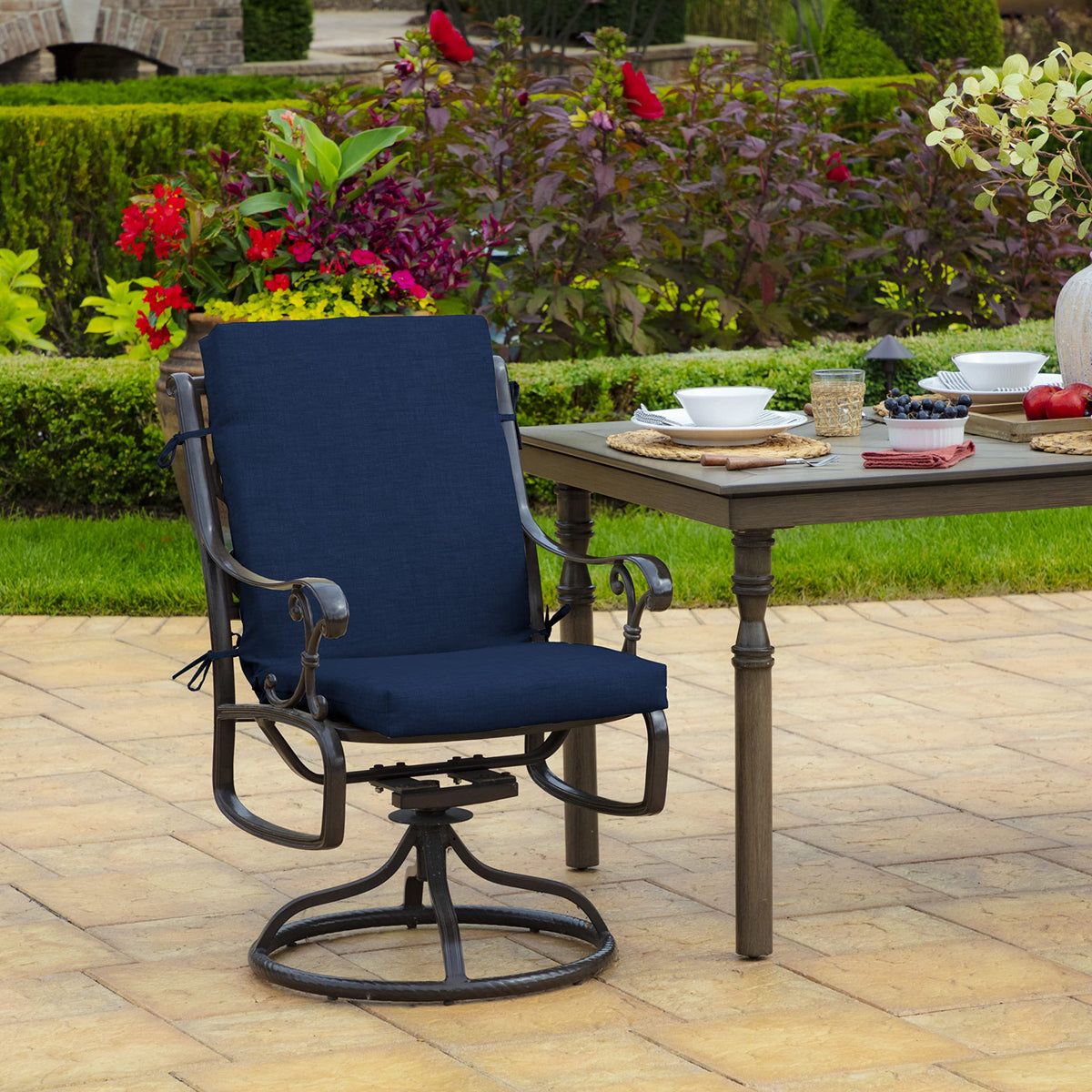 Arden Selections sapphire blue outdoor cushion back view, supports long-lasting outdoor comfort.