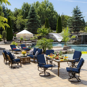 Arden Selections sapphire blue cushion fade-resistant fabric, preserves color over seasons outdoors.