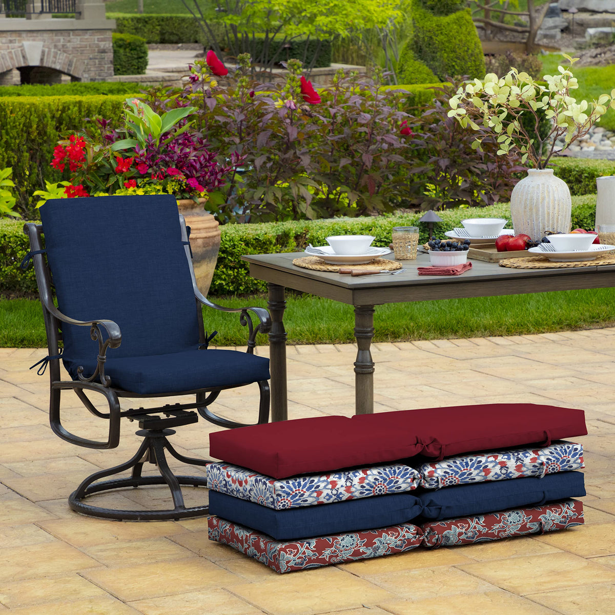 Arden Selections sapphire blue cushion with ties, keeps cushion secure on chairs.