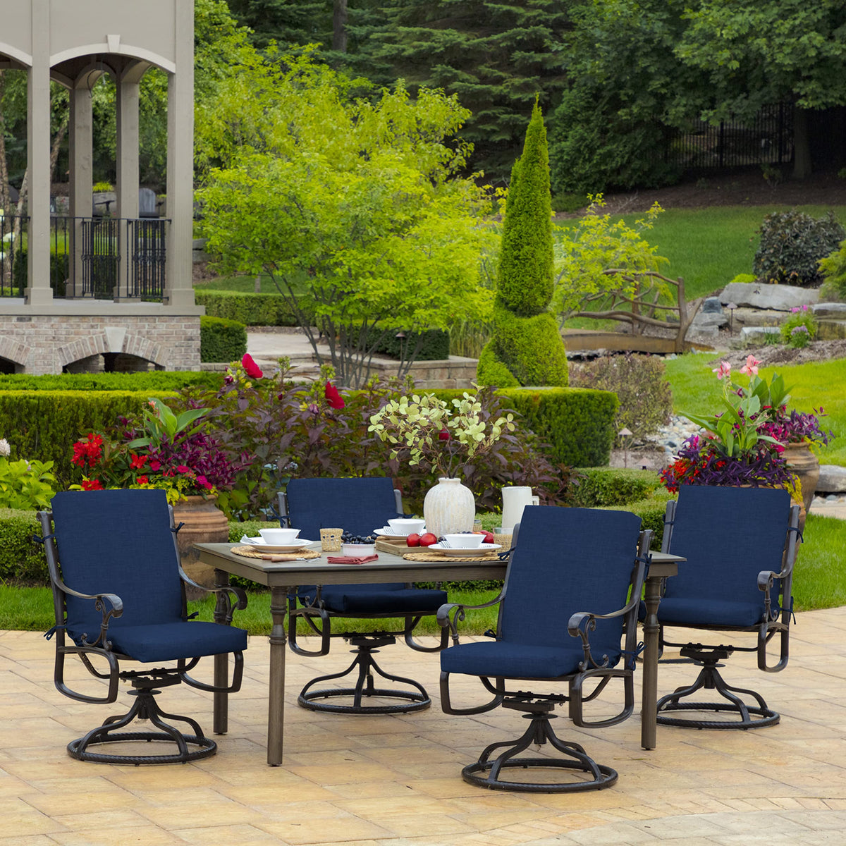 Arden Selections sapphire blue cushion water-repellent closeup, ideal for light rain and easy cleaning.