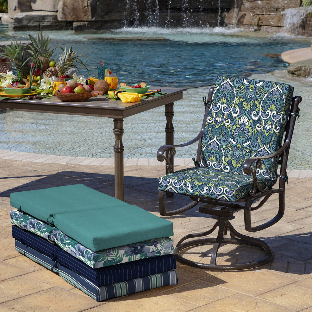 Arden Selections back detail supports comfortable seating on sunny patio days