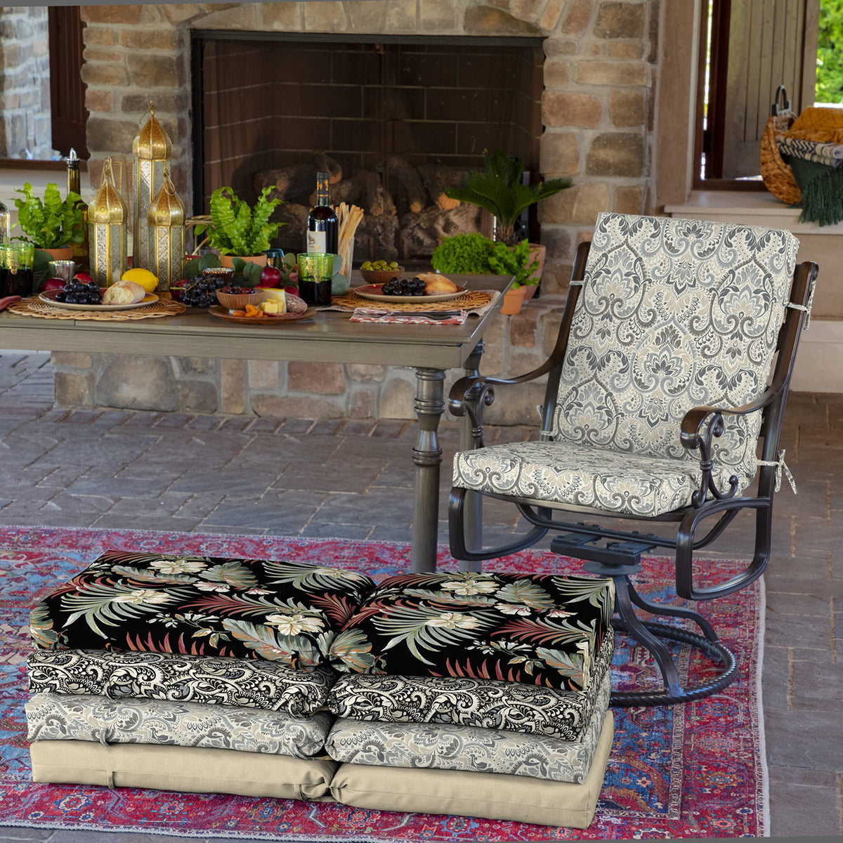 Outdoor dining scene at dusk with Arden cushions