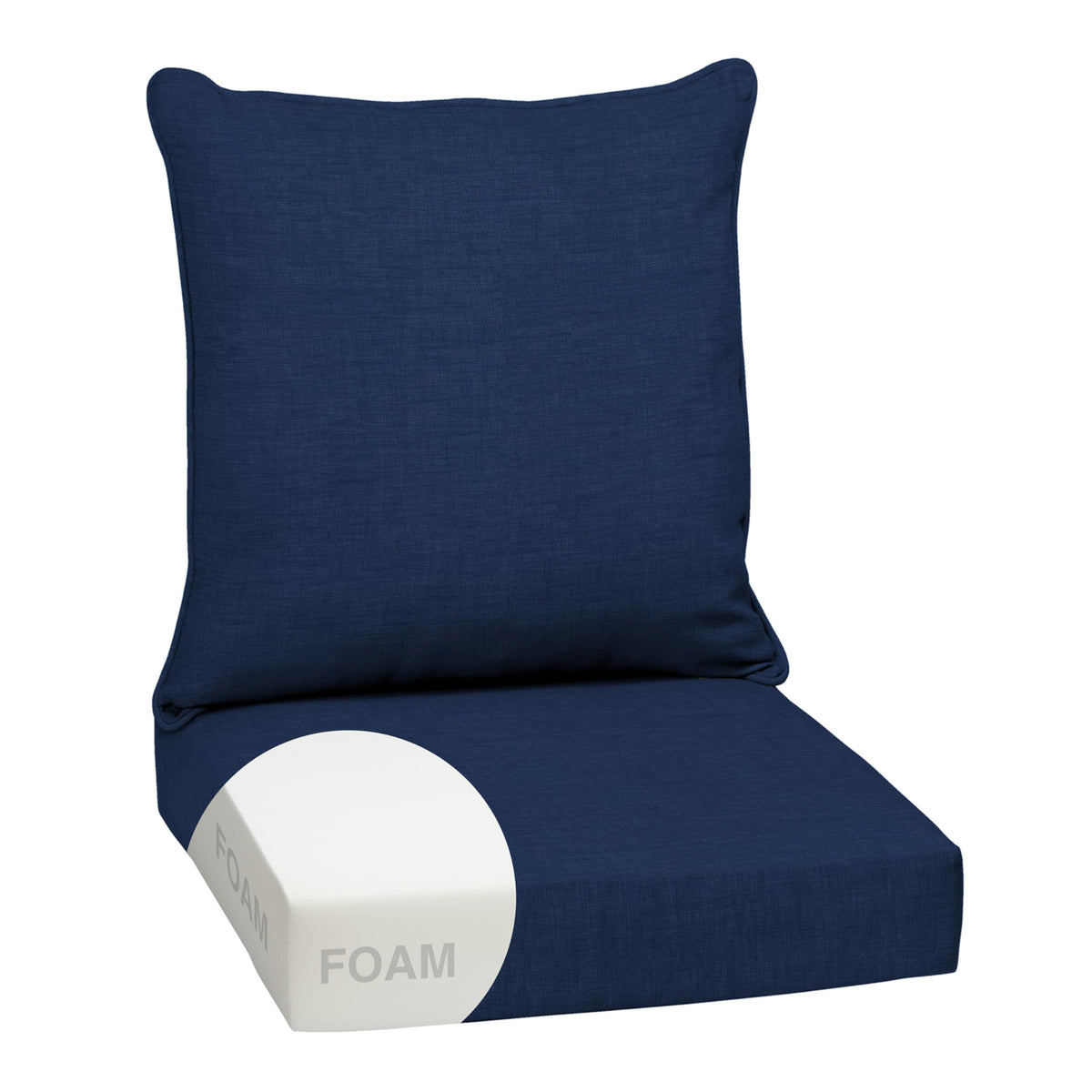Arden Selections sapphire blue outdoor cushions on chair offer inviting, fade-resistant comfort.