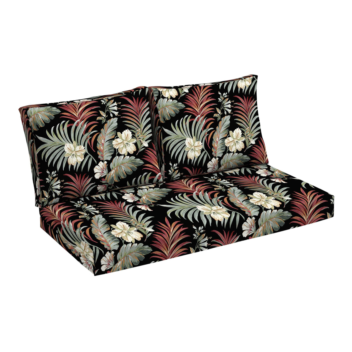 Arden Selections outdoor loveseat cushion set in Simone Black Tropical boosts comfort outdoors with weather-ready durability.
