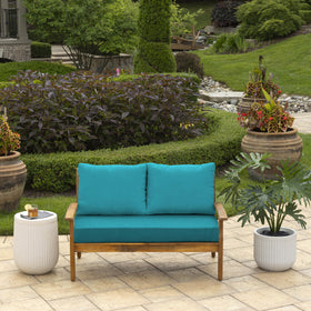 Arden Selections back pillows in Lake Blue Leala enhance outdoor seating support.