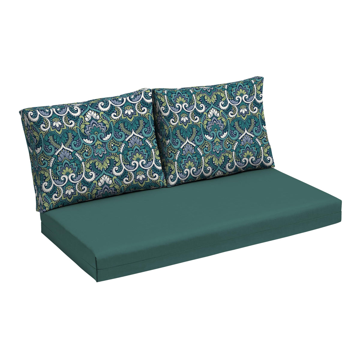 Arden Selections outdoor back pillow in Sapphire Aurora Blue Damask adds comfortable, stylish seating