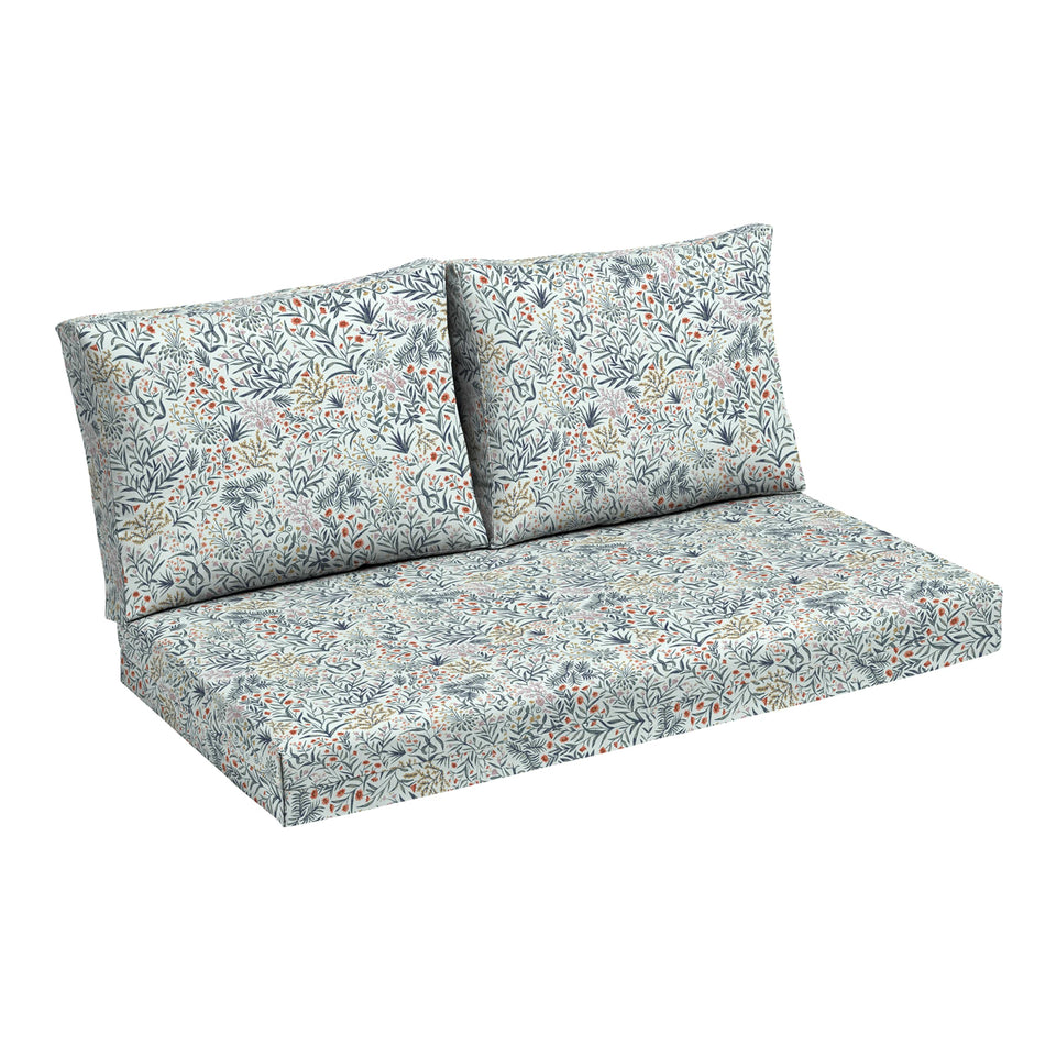 Arden Selections outdoor loveseat cushion set in pistachio botanical for durable patio comfort.