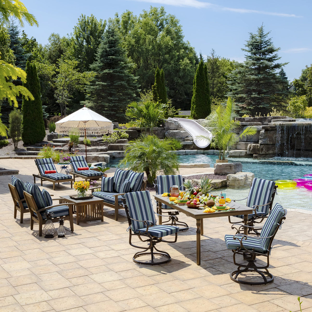 Arden Selections cushion with sapphire stripe brings vibrant outdoor color to meals.