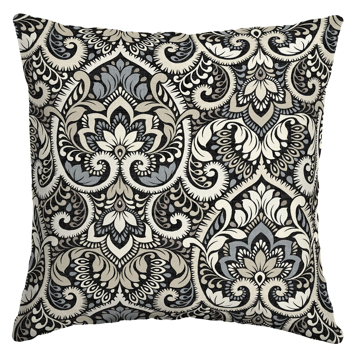 Arden Selections outdoor toss pillow front view in Black Aurora Damask showcases vibrant patio decor