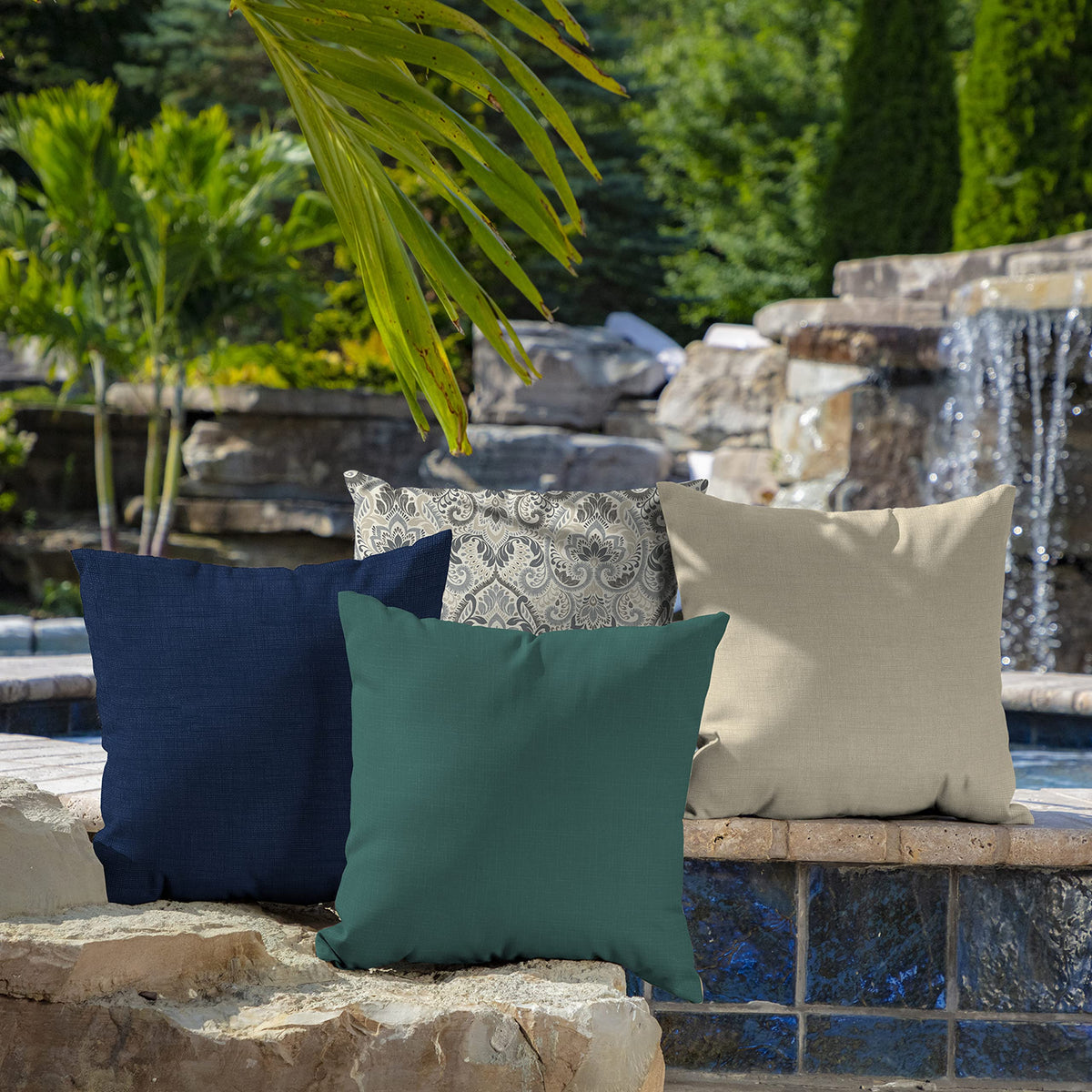 Knife-edge seam detail on 16x16 outdoor pillow.