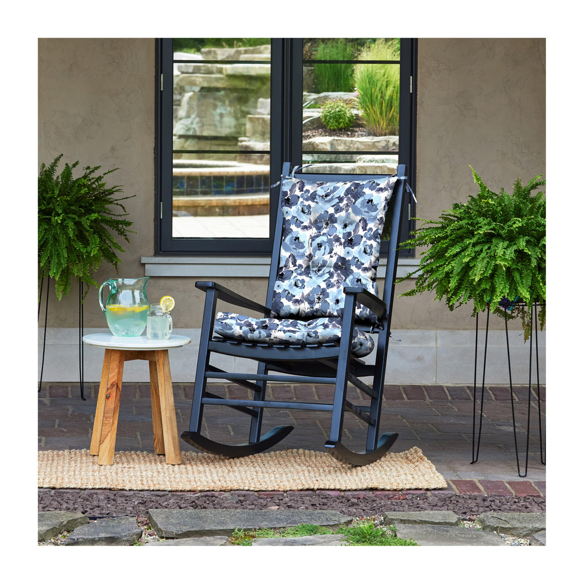Arden Selections back pillow in blue garden floral offers plush comfort for outdoor rocking