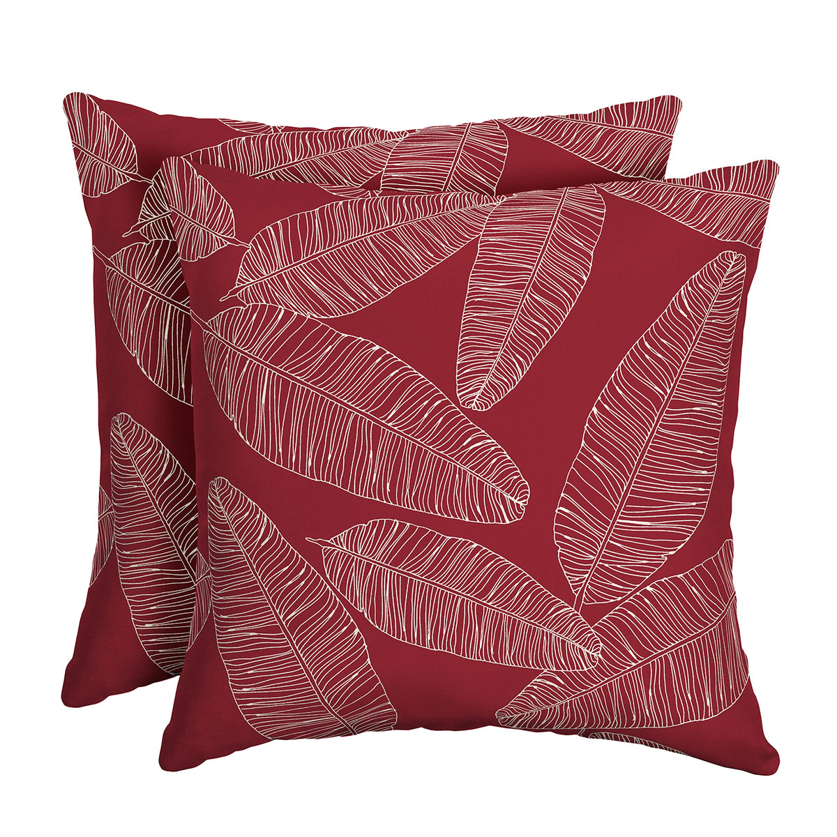 Arden Selections outdoor throw pillow in red leaf palm print for vibrant patio decor