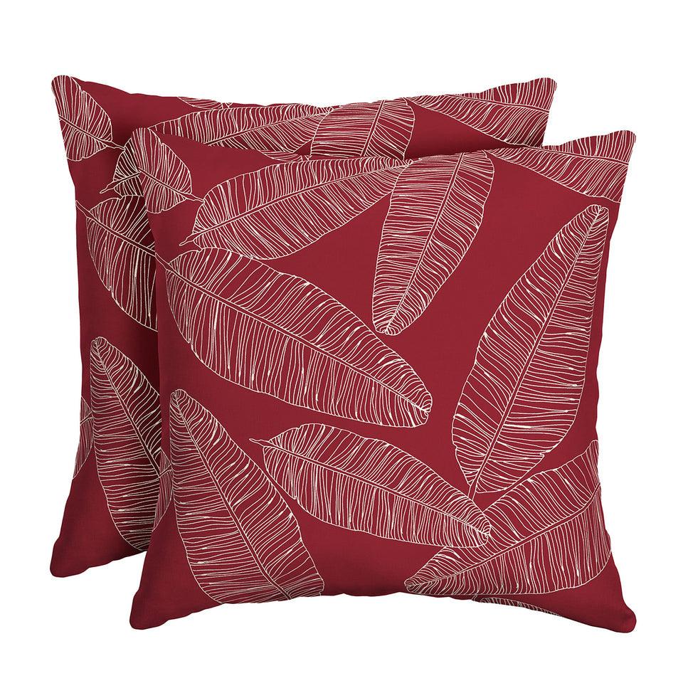Arden Selections outdoor throw pillow in red leaf palm print for vibrant patio decor