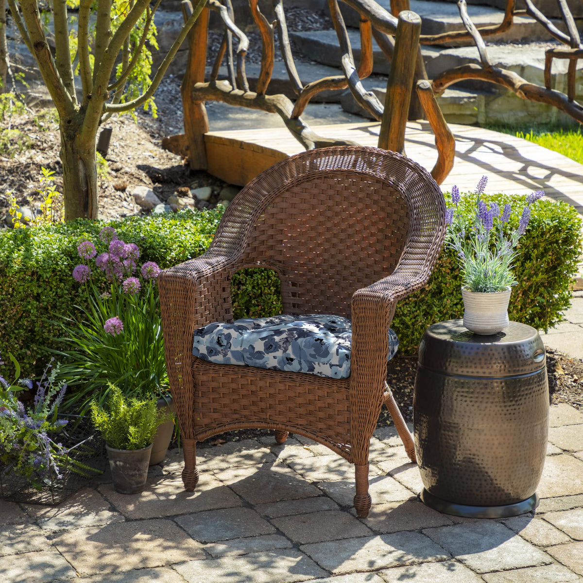 Arden Selections cushion on a rocking chair with two ties securing the fit