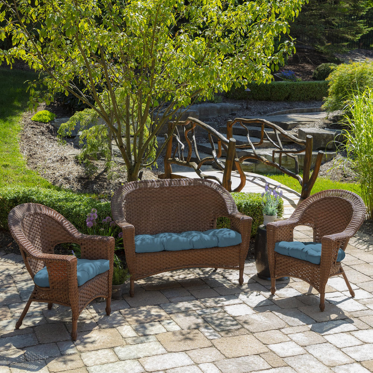 Arden Selections wicker chair cushion with French blue texture, fade-resistant outdoors