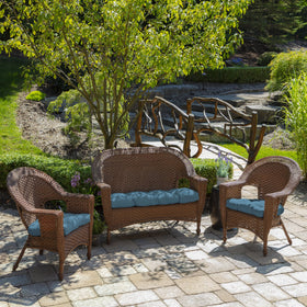Arden Selections wicker chair cushion with French blue texture, fade-resistant outdoors