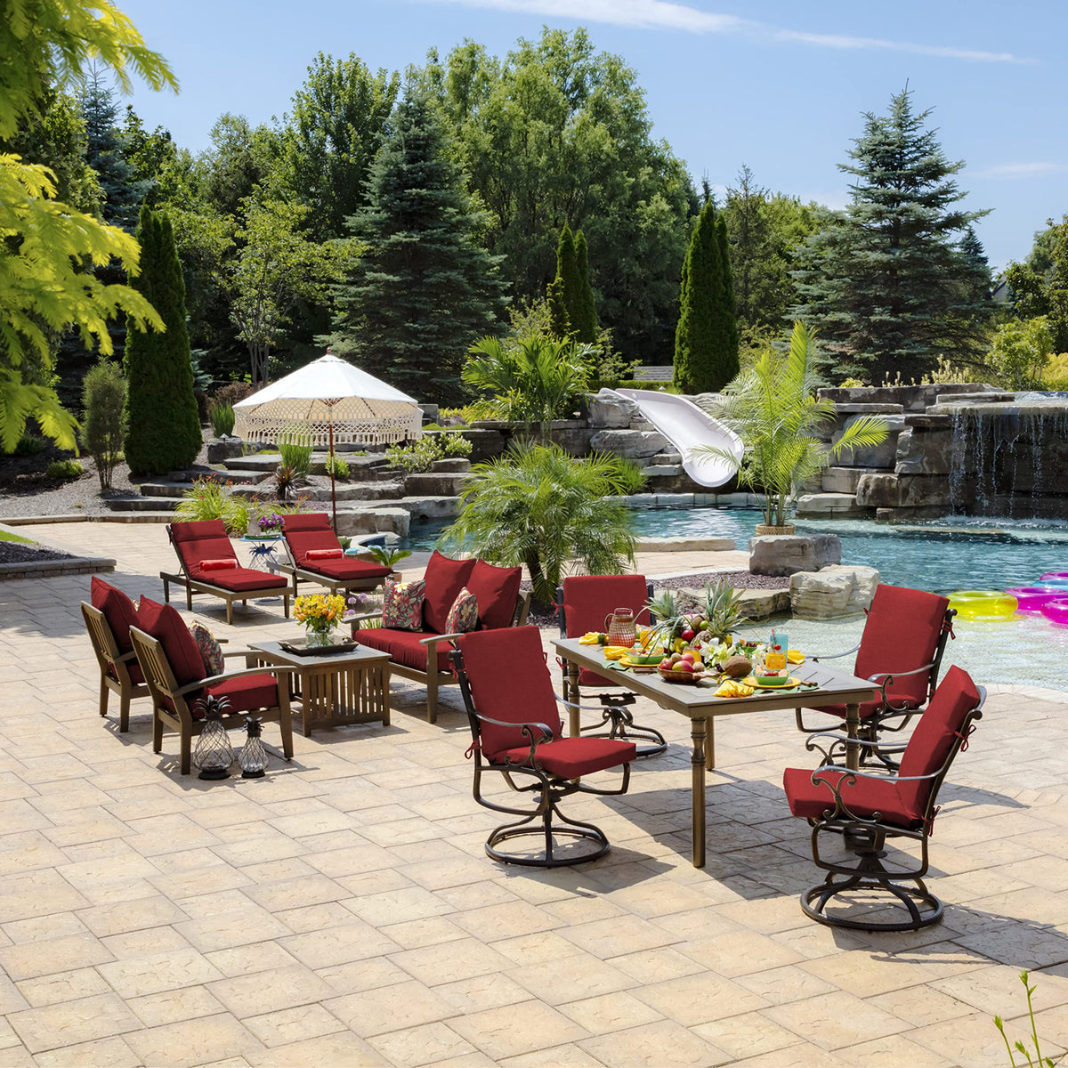 Arden Selections Ruby Red Leala 20x44 cushion enhances outdoor dining comfort