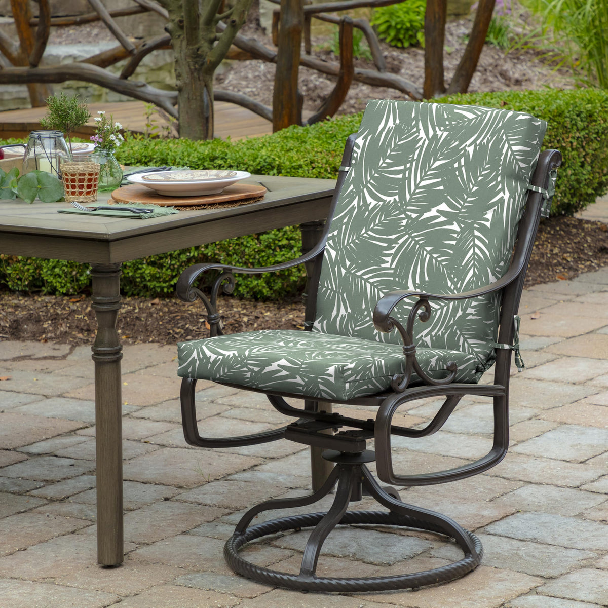 Arden Selections Sage King Palm high-back cushion side angle with ties