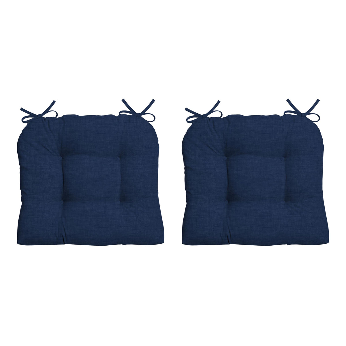 Sapphire blue Leala cushion on patio chair with secure tie straps.