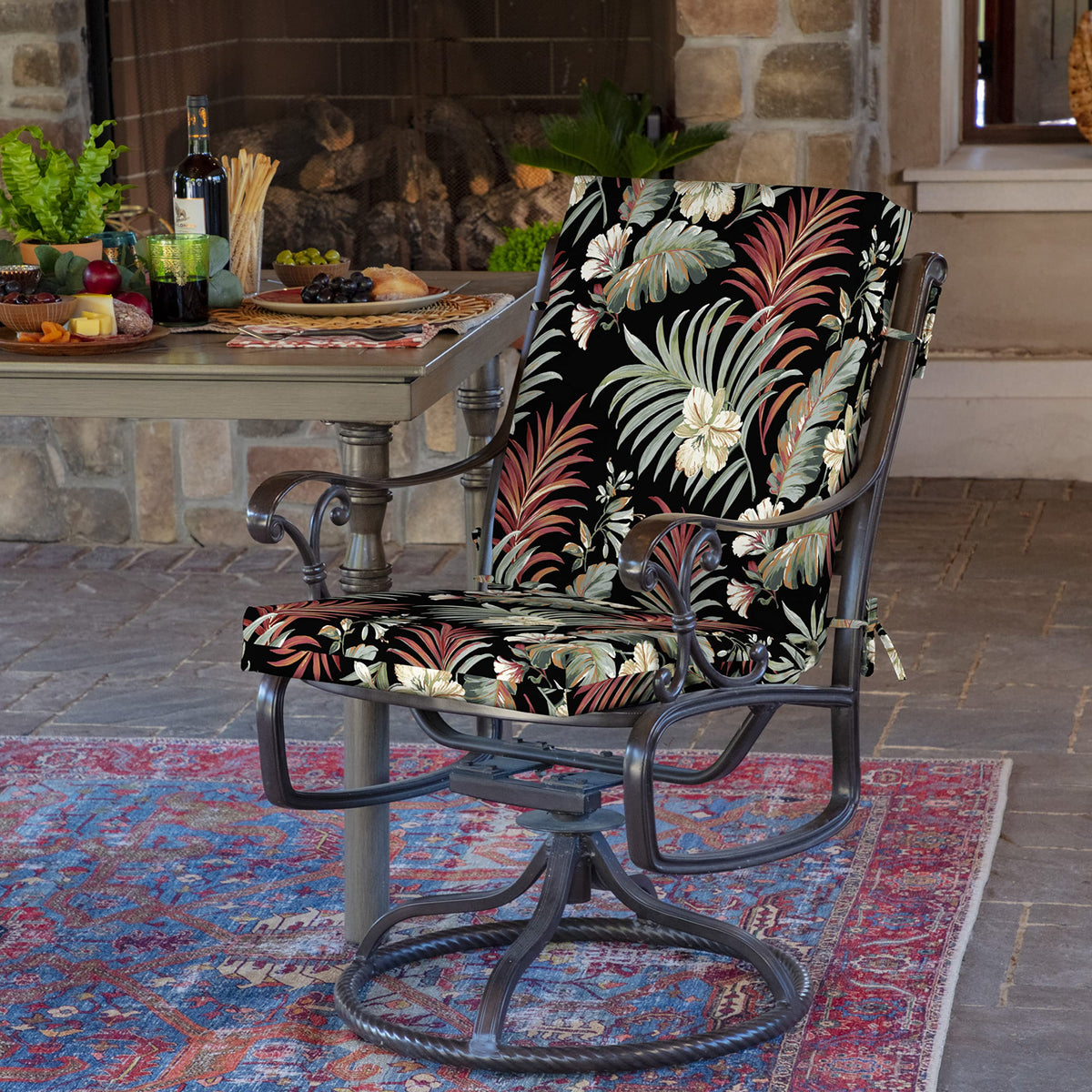 Arden Selections Simone Black Tropical back cushion provides added support on patio chairs