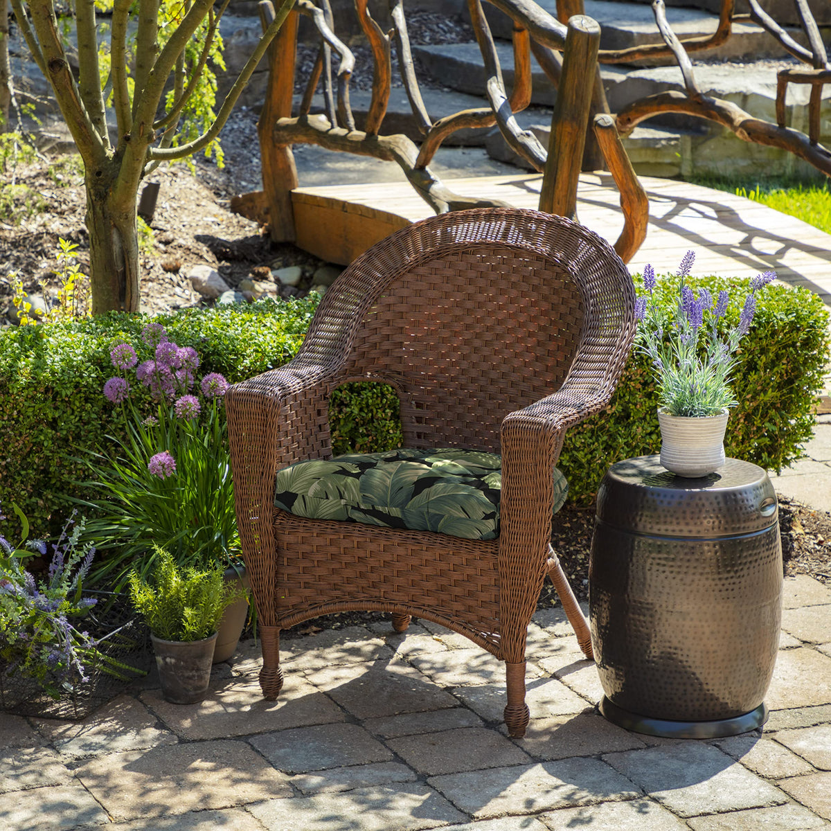 Arden Selections two-pack cushions on wicker chair demonstrate secure tie straps