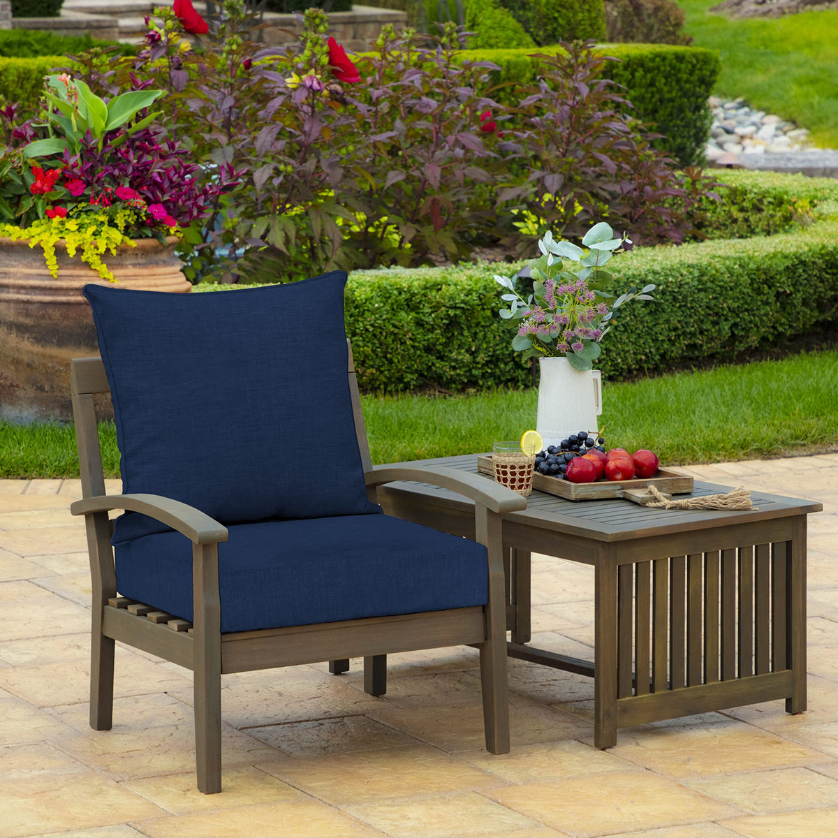 Arden Selections weatherproof back cushion in sapphire blue stays vibrant