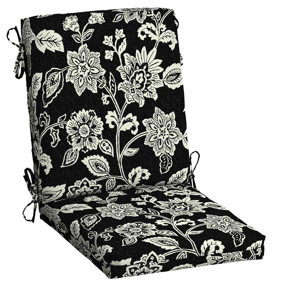 Arden Selections Ashland Black Jacobean chair cushion, front view, ideal for cozy outdoor dining.