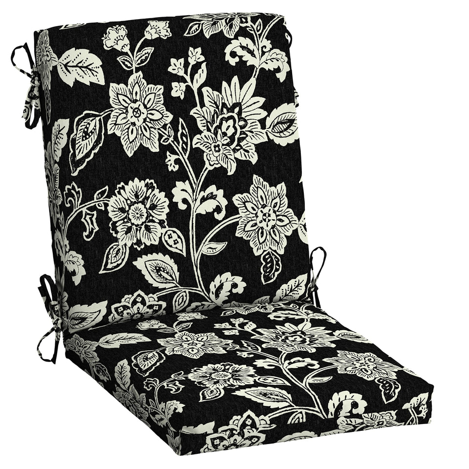 Arden Selections Ashland Black Jacobean chair cushion, front view, ideal for cozy outdoor dining.