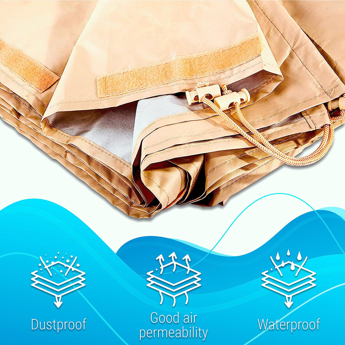 Drawstrings and nine straps secure ARDILA VEELA cover against wind.