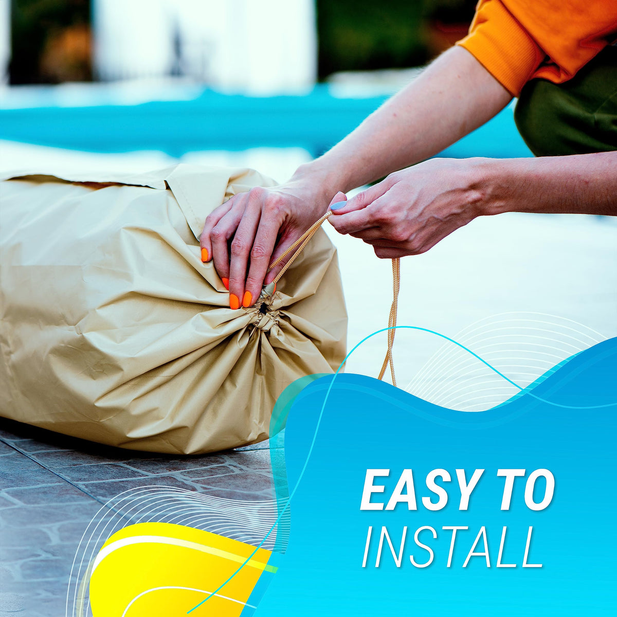 Oversized-fit ARDILA VEELA cover fully enclosing the reel on a 20 ft pool.