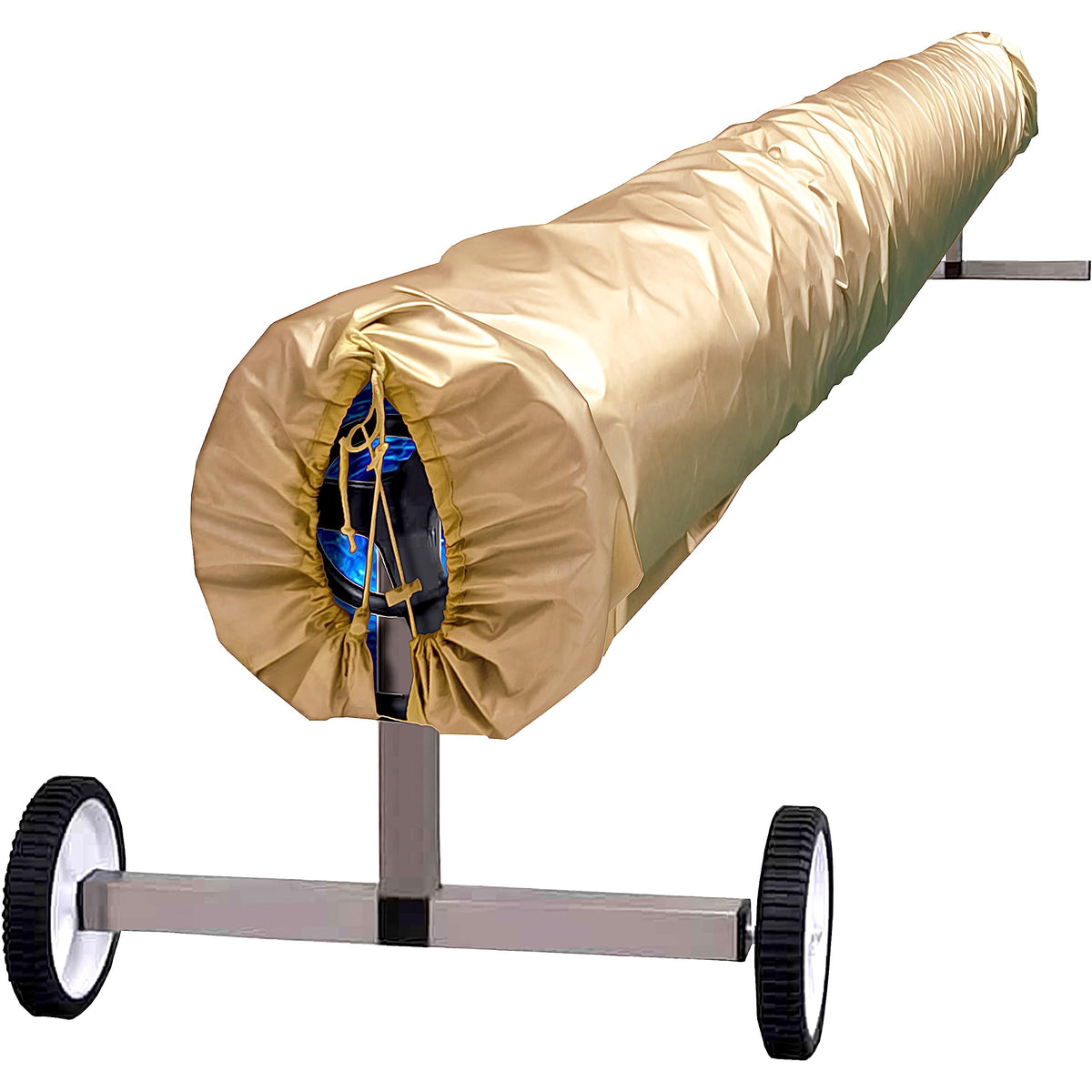 ARDILA VEELA solar reel cover over a 20ft reel for winter storage protection.