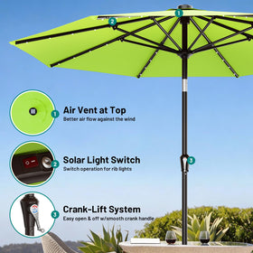 AreShark 32 solar lights along eight ribs illuminate outdoor spaces at night.